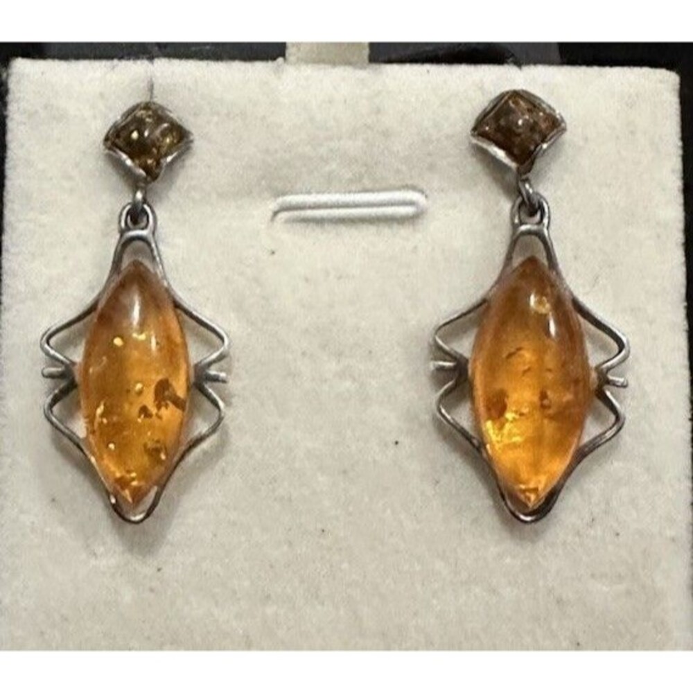 Vtg. Sterling Silver 925 Genuine Baltic Amber Cabochon Dangle Earrings Filigree